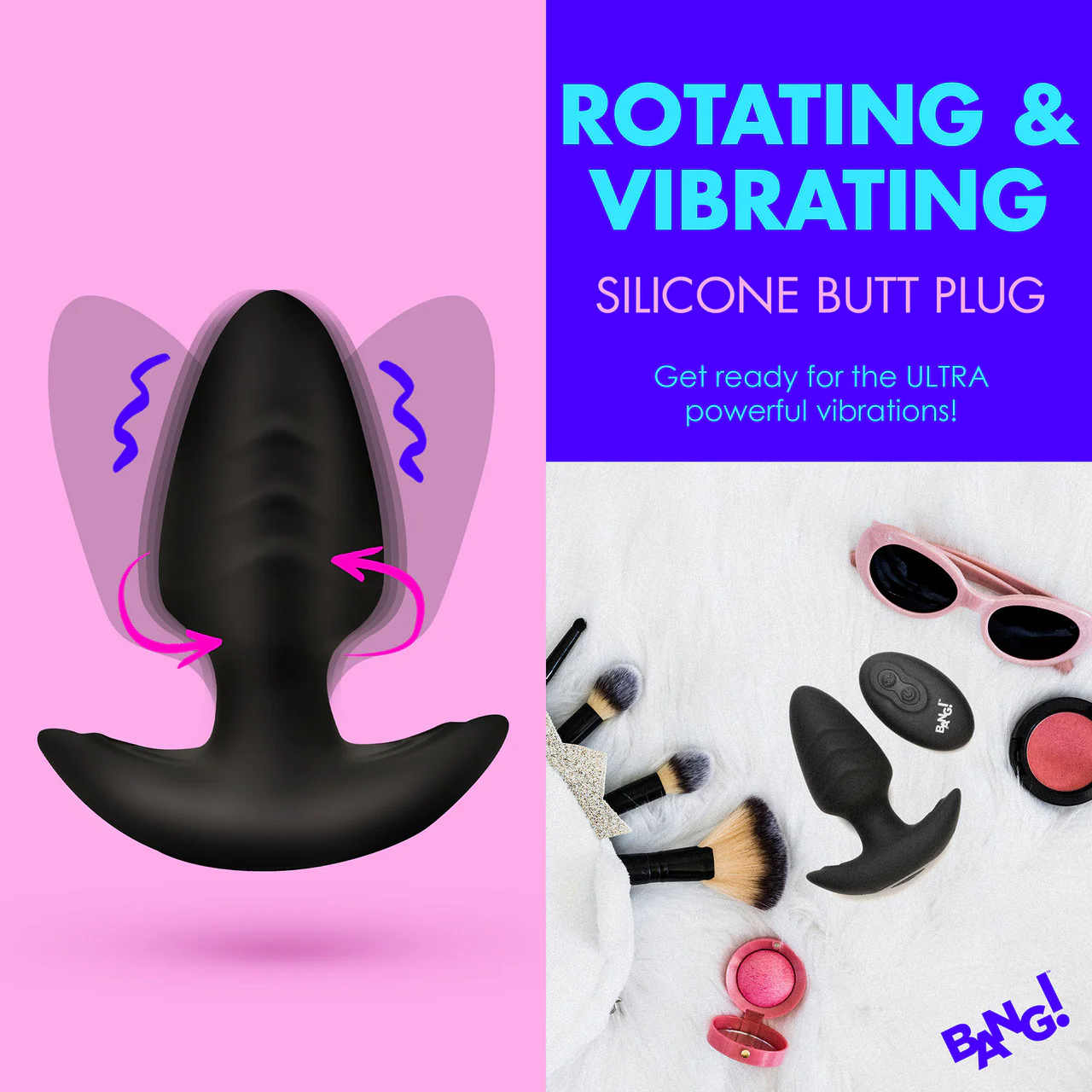 BANG! Rechargeable Rotating & Vibrating Silicone Butt Plug With Remote - Black - Image 8