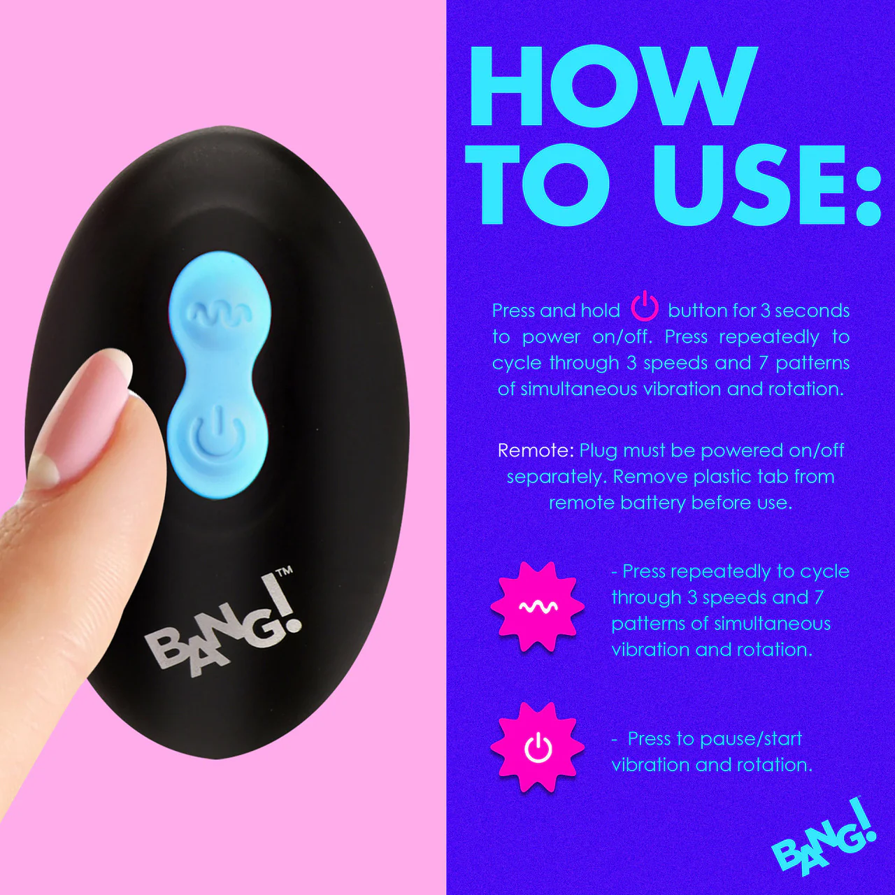 BANG! Rechargeable Rotating & Vibrating Silicone Butt Plug With Remote - Blue - Image 15