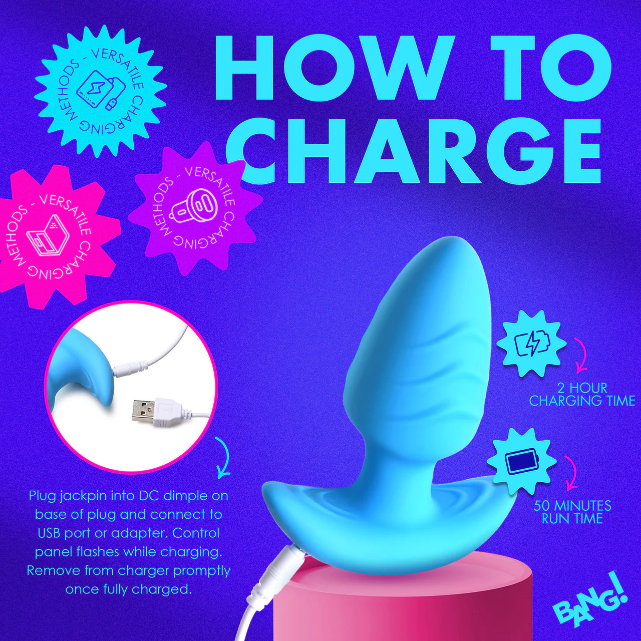 BANG! Rechargeable Rotating & Vibrating Silicone Butt Plug With Remote - Blue - Image 16