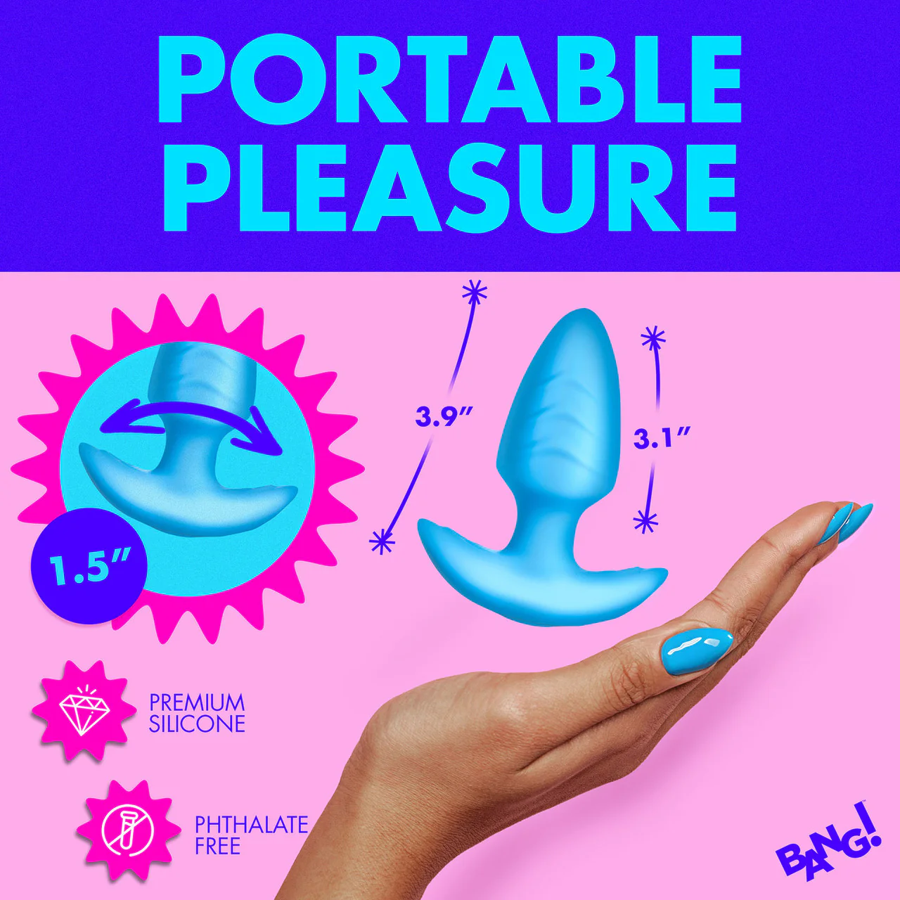 BANG! Rechargeable Rotating & Vibrating Silicone Butt Plug With Remote - Blue - Image 17