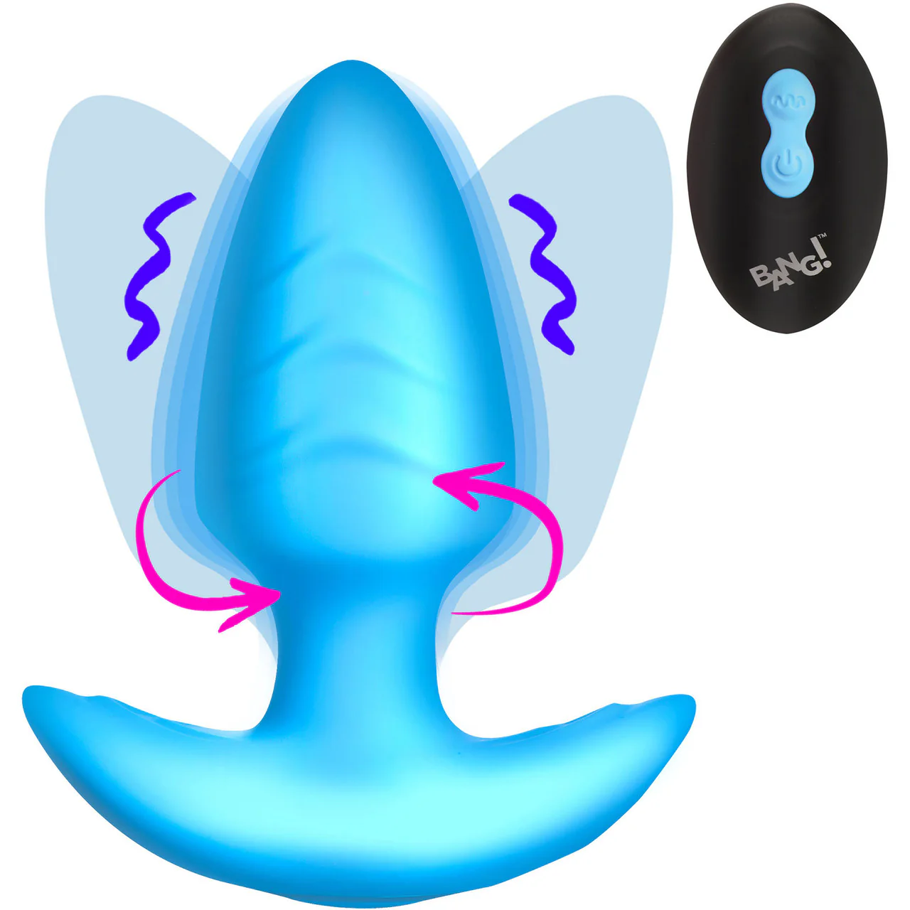 BANG! Rechargeable Rotating & Vibrating Silicone Butt Plug With Remote - Blue - Image 4