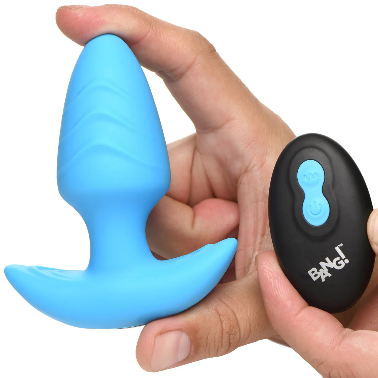 BANG! Rechargeable Rotating & Vibrating Silicone Butt Plug With Remote - Blue - Image 6