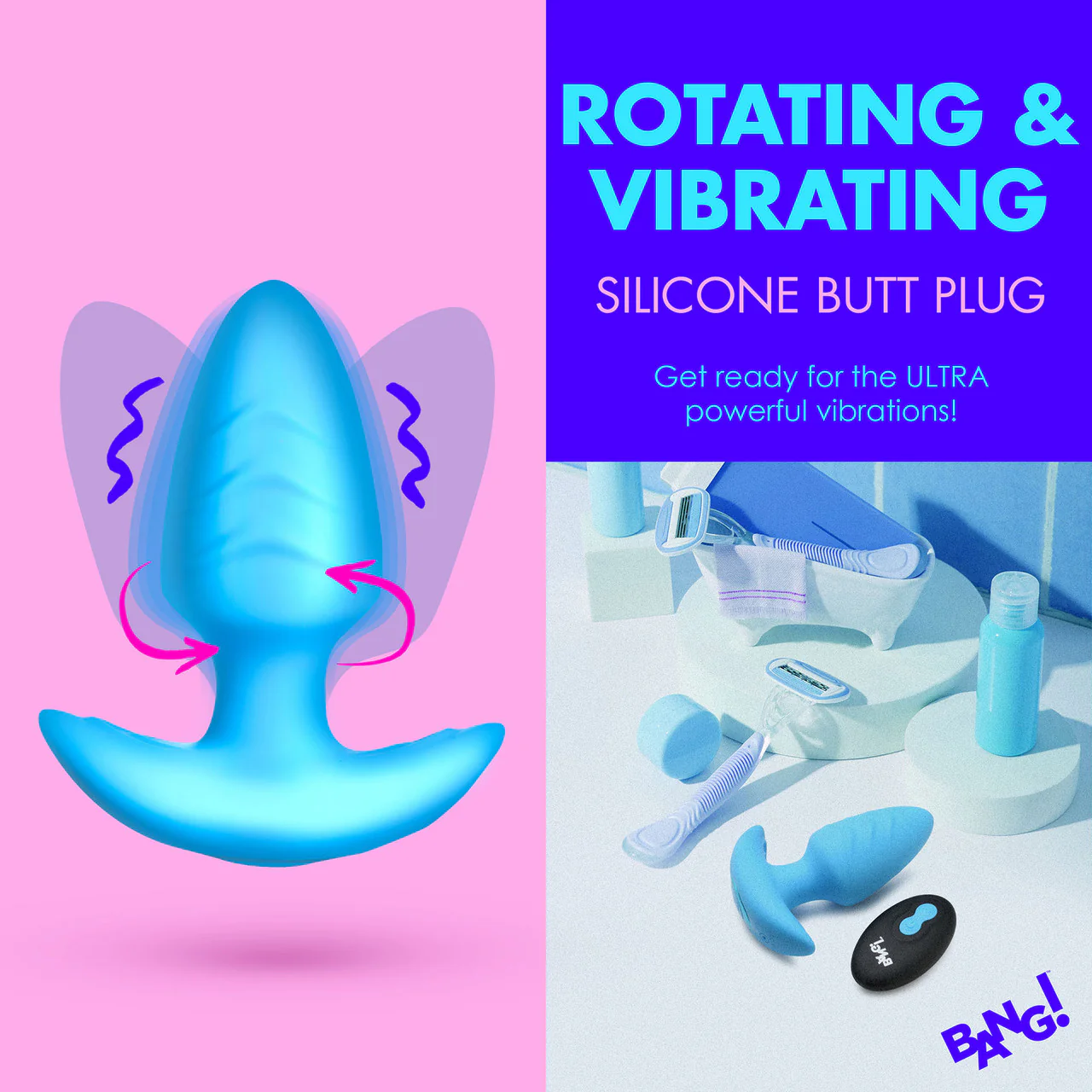 BANG! Rechargeable Rotating & Vibrating Silicone Butt Plug With Remote - Blue - Image 8