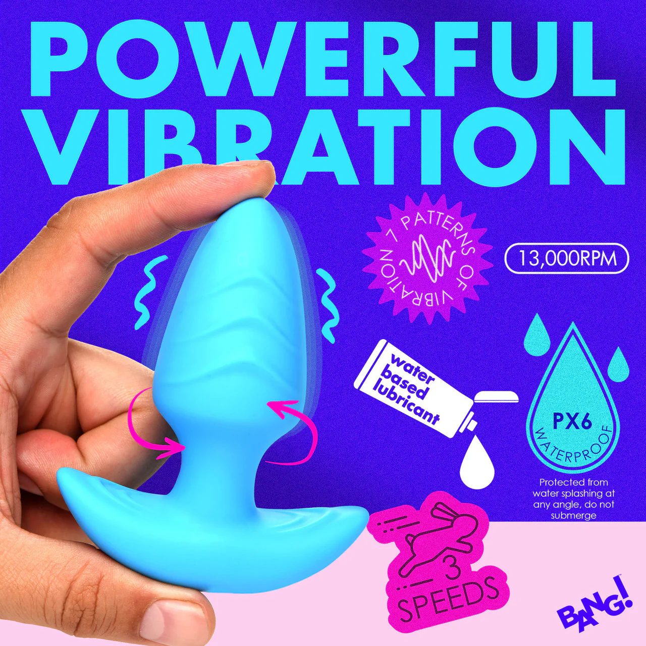 BANG! Rechargeable Rotating & Vibrating Silicone Butt Plug With Remote - Blue - Image 9