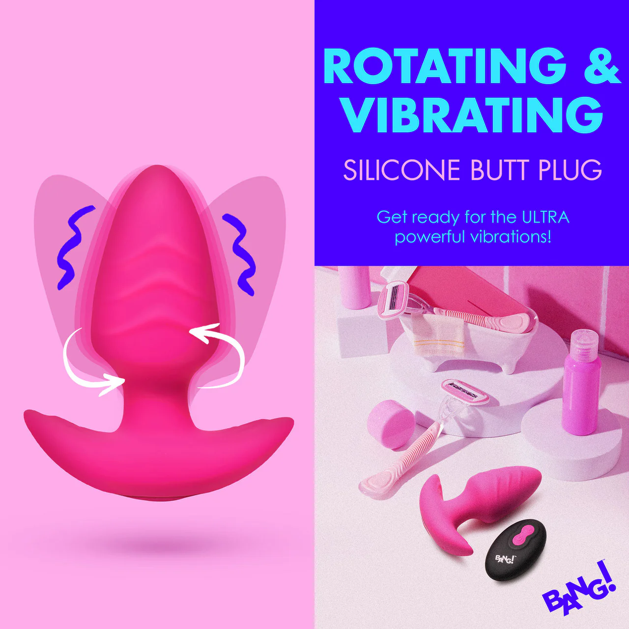 BANG! Rechargeable Rotating & Vibrating Silicone Butt Plug With Remote - Pink - Image 8