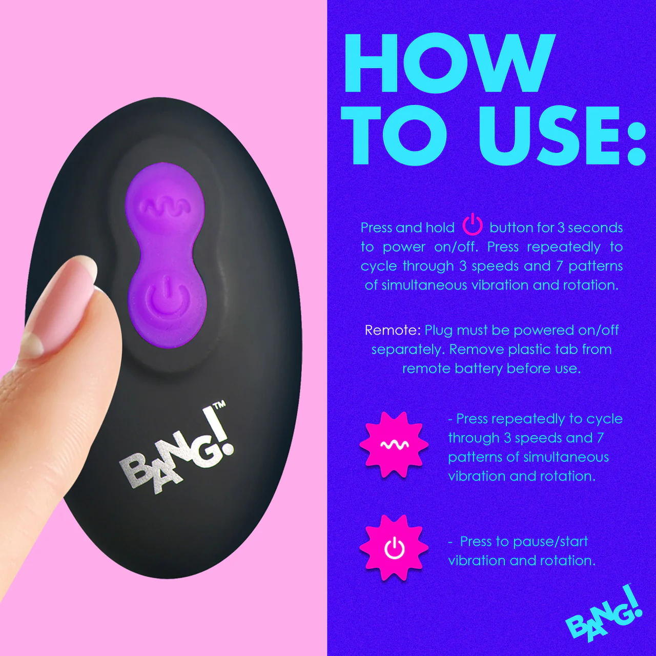 BANG! Rechargeable Rotating & Vibrating Silicone Butt Plug With Remote - Purple - Image 15