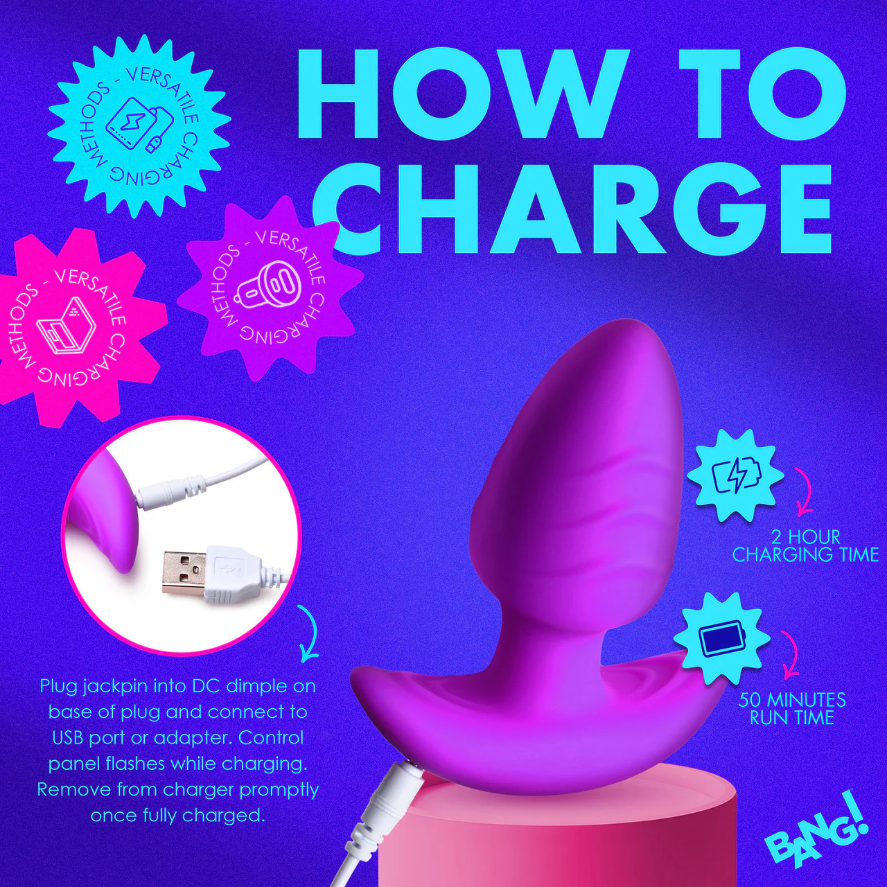 BANG! Rechargeable Rotating & Vibrating Silicone Butt Plug With Remote - Purple - Image 16