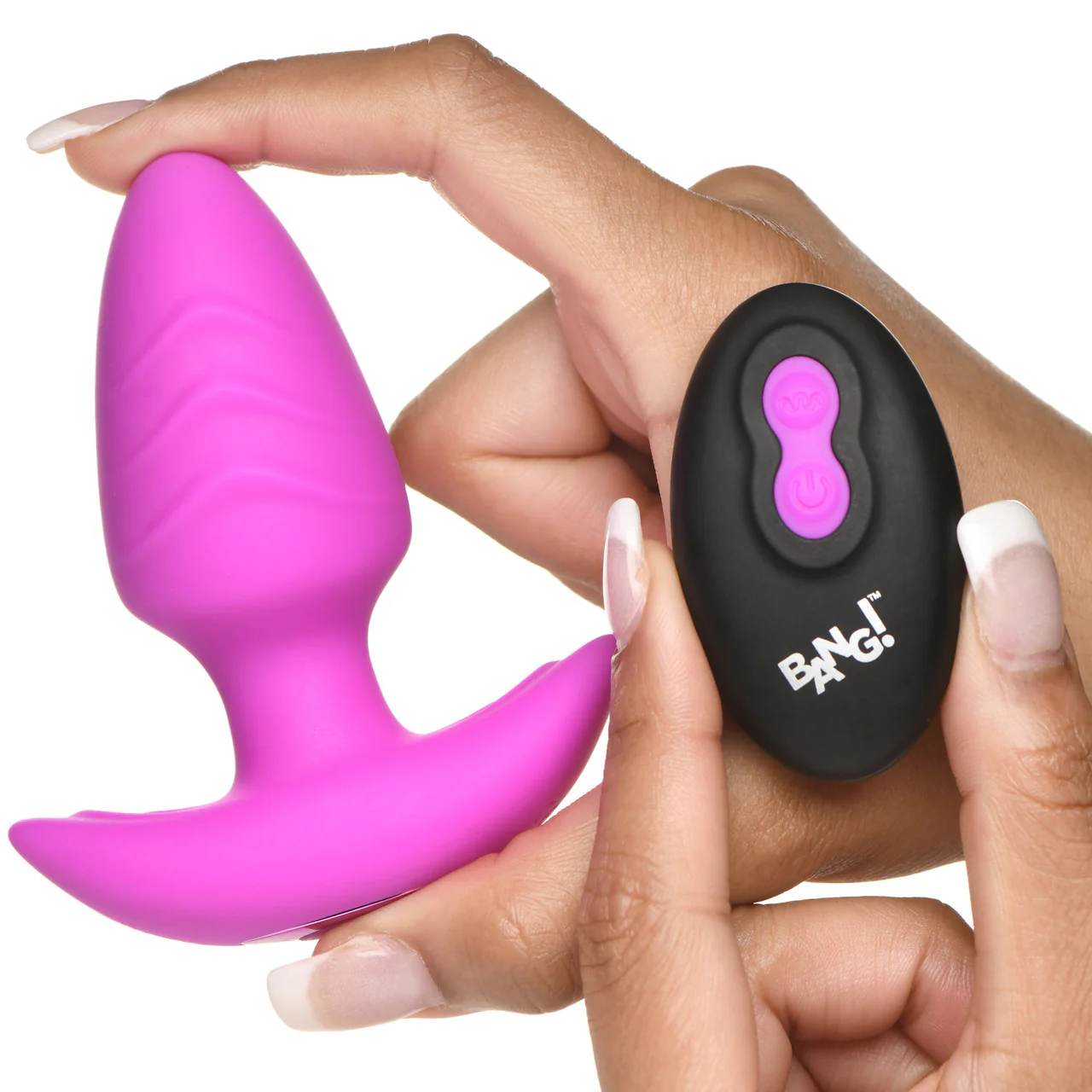 BANG! Rechargeable Rotating & Vibrating Silicone Butt Plug With Remote - Purple - Image 7