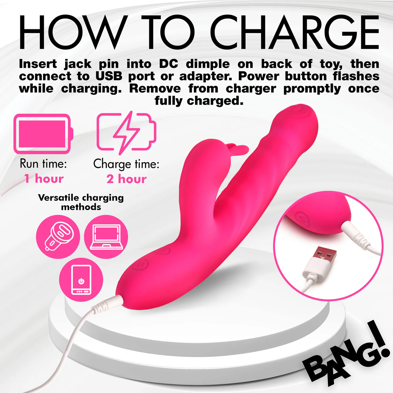 BANG! Thrusting & Vibrating Rabbit Rechargeable Silicone Dual Stimulation Vibrator - Pink - Image 15