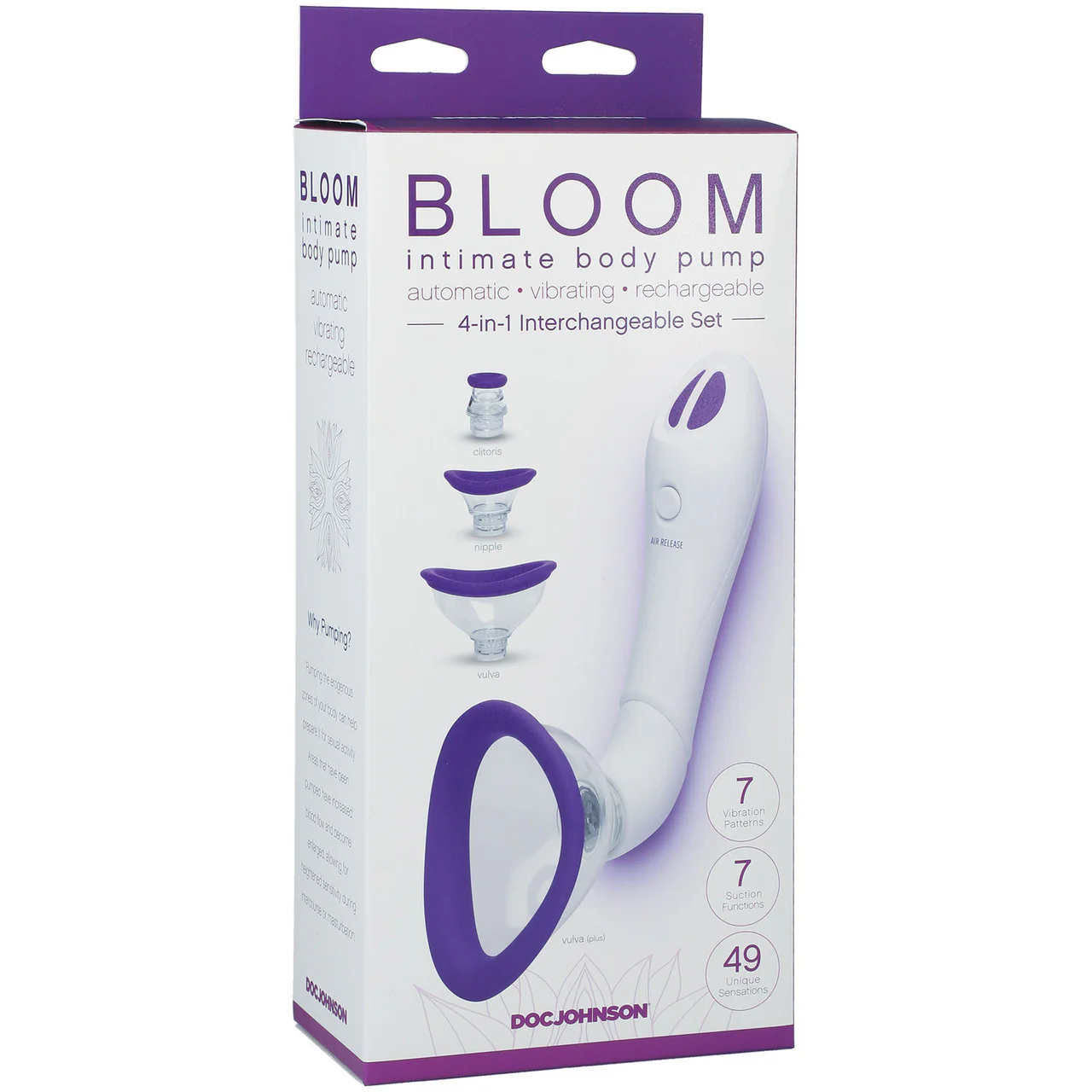 Bloom Automatic Vibrating Rechargeable Intimate Body Pump by Doc Johnson - Purple & White - Image 7