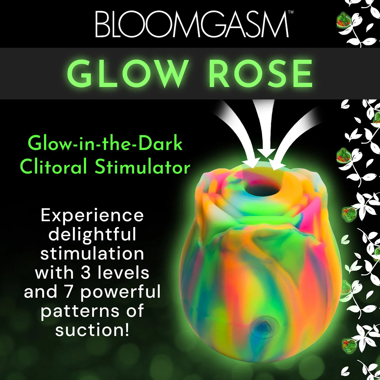 Bloomgasm Glow Rose Glow In The Dark Rechargeable Clitoral Pressure Wave Stimulator - Rainbow - Image 10