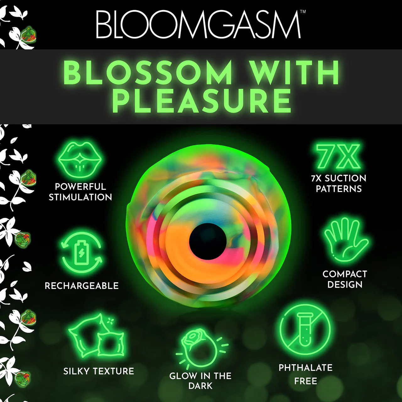 Bloomgasm Glow Rose Glow In The Dark Rechargeable Clitoral Pressure Wave Stimulator - Rainbow - Image 11