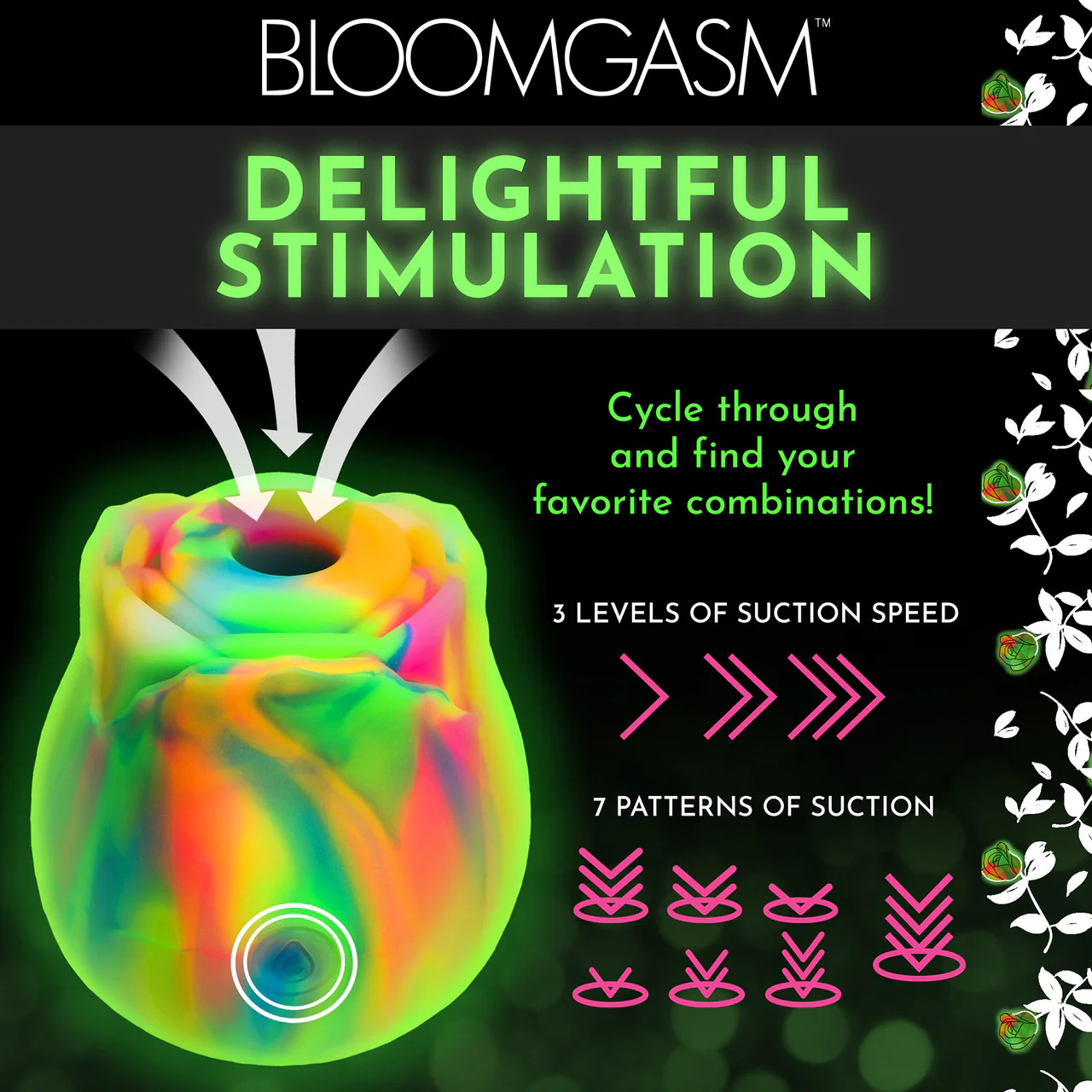 Bloomgasm Glow Rose Glow In The Dark Rechargeable Clitoral Pressure Wave Stimulator - Rainbow - Image 12