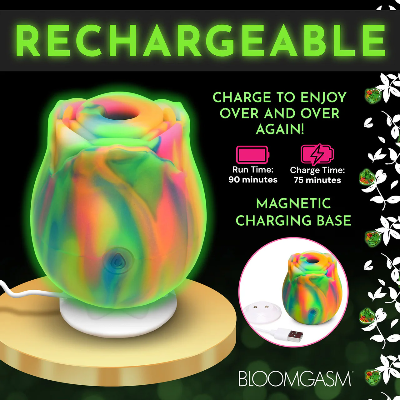 Bloomgasm Glow Rose Glow In The Dark Rechargeable Clitoral Pressure Wave Stimulator - Rainbow - Image 14