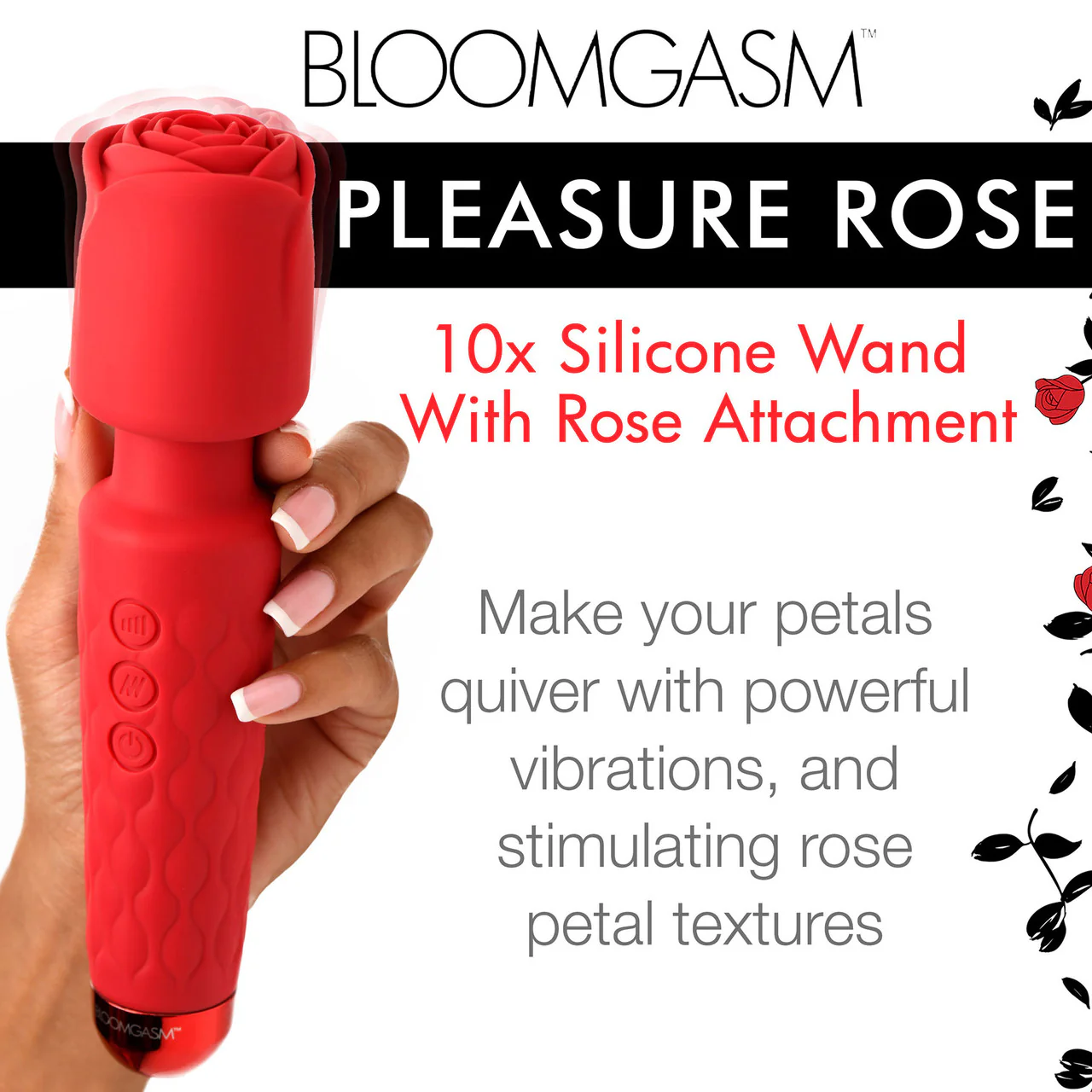Bloomgasm Pleasure Rose 10X Rechargeable Silicone Wand Vibrator With Rose Attachment - Red - Image 13