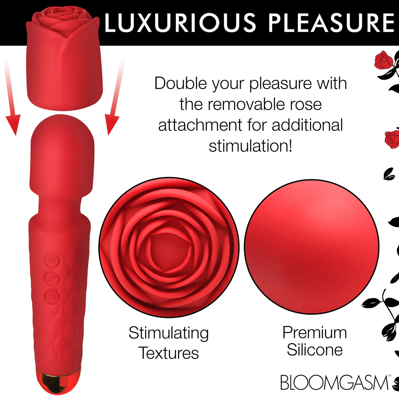 Bloomgasm Pleasure Rose 10X Rechargeable Silicone Wand Vibrator With Rose Attachment - Red - Image 15