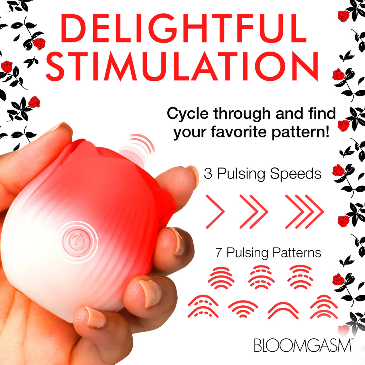 Bloomgasm Pulsing Petals Throbbing Rose Stimulator Rechargeable Clitoral Vibrator - Red & White - Image 10