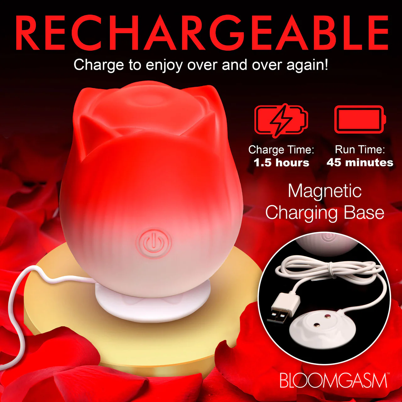 Bloomgasm Pulsing Petals Throbbing Rose Stimulator Rechargeable Clitoral Vibrator - Red & White - Image 11