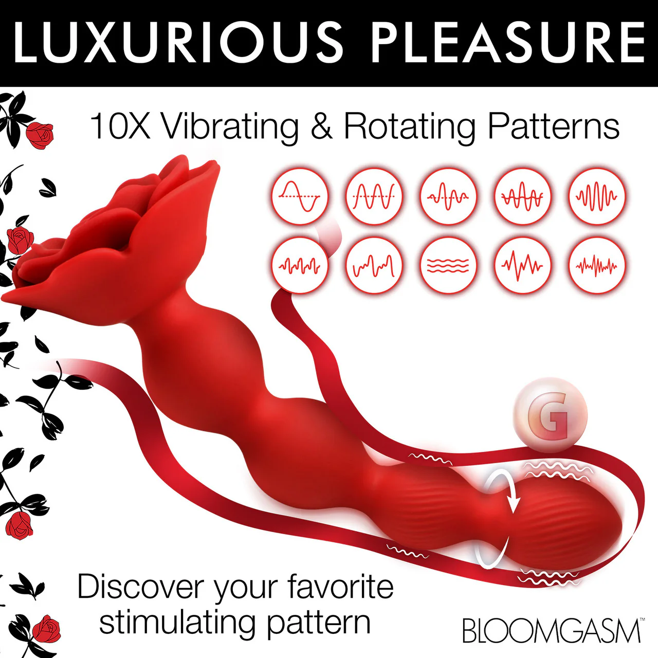 Bloomgasm Rose Twirl 10X Vibrating & Rotating Rechargeable Silicone Anal Beads - Red - Image 13