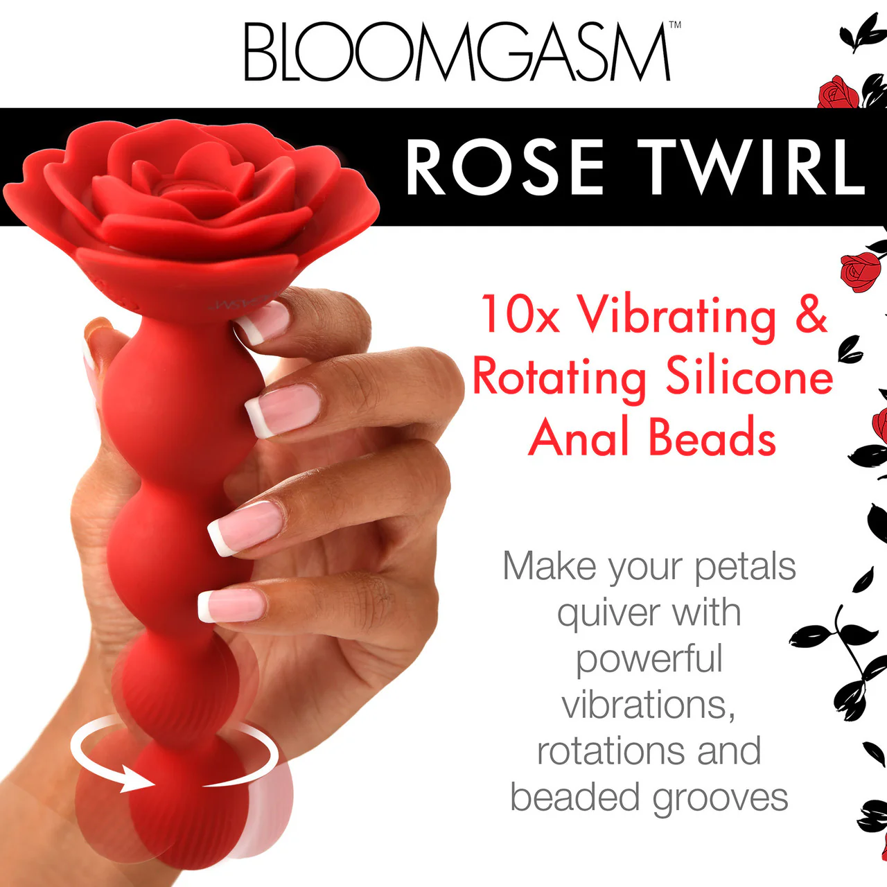 Bloomgasm Rose Twirl 10X Vibrating & Rotating Rechargeable Silicone Anal Beads - Red - Image 14