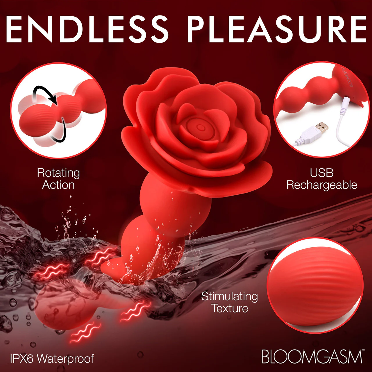 Bloomgasm Rose Twirl 10X Vibrating & Rotating Rechargeable Silicone Anal Beads - Red - Image 16