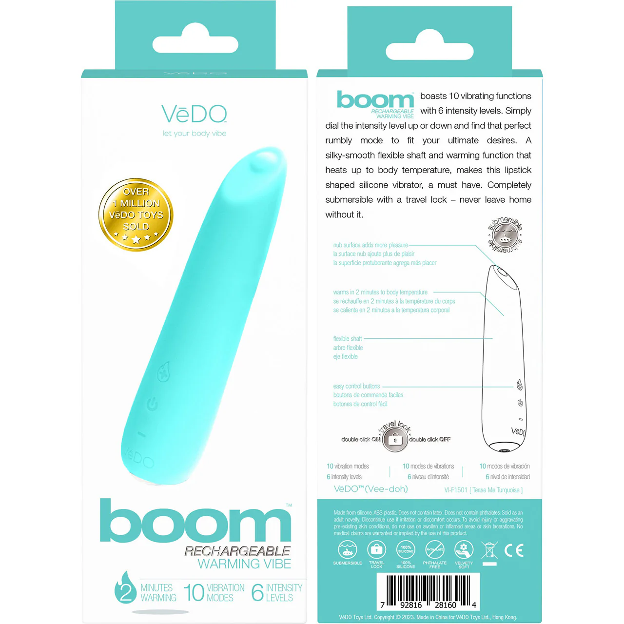 Boom Rechargeable Waterproof Silicone Warming Mini Vibrator By VeDO - Tease Me Turquoise - Image 4