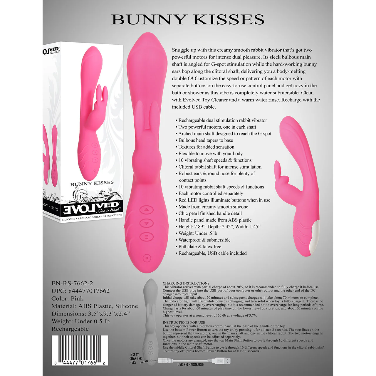 Bunny Kisses Rechargeable Waterproof Silicone Rabbit Style Vibrator By Evolved Novelties - Pink - Image 8