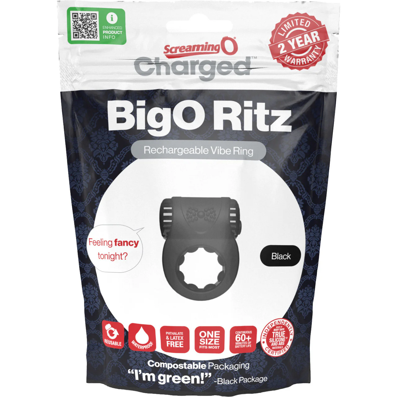 Charged Big O Ritz Silicone Rechargeable Vibrating Cock Ring By Screaming O - Black - Image 4