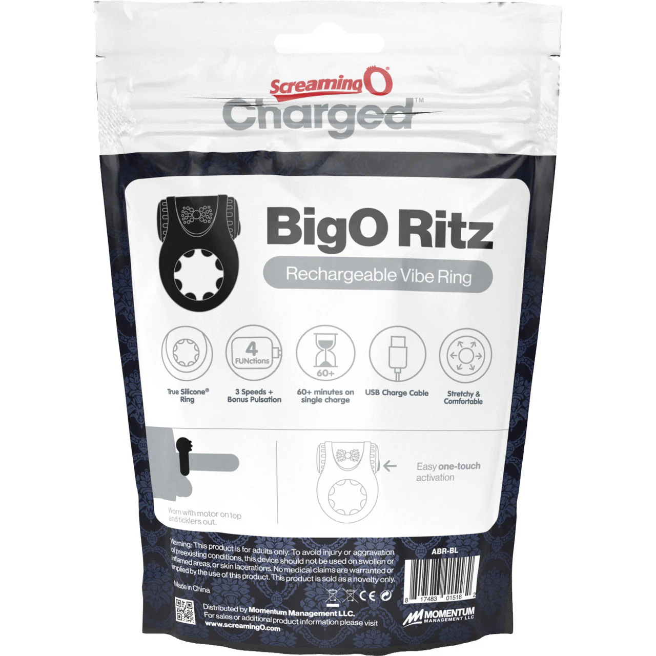 Charged Big O Ritz Silicone Rechargeable Vibrating Cock Ring By Screaming O - Black - Image 5