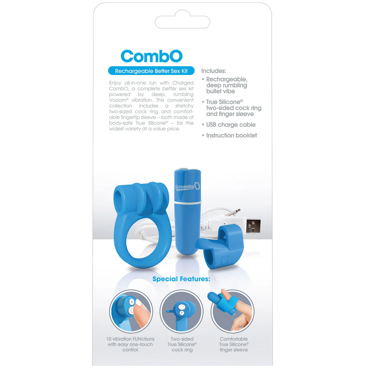 Charged CombO Kit #1 Silicone Cock Ring & Fingertip Sleeve By Screaming O - Blue - Image 5