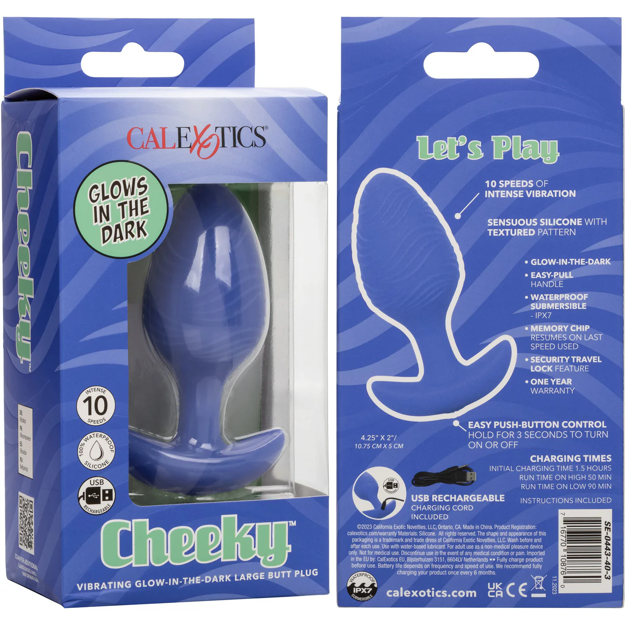 Cheeky Glow In The Dark Rechargeable Silicone Vibrating Large Butt Plug By CalExotics - Blue - Image 10