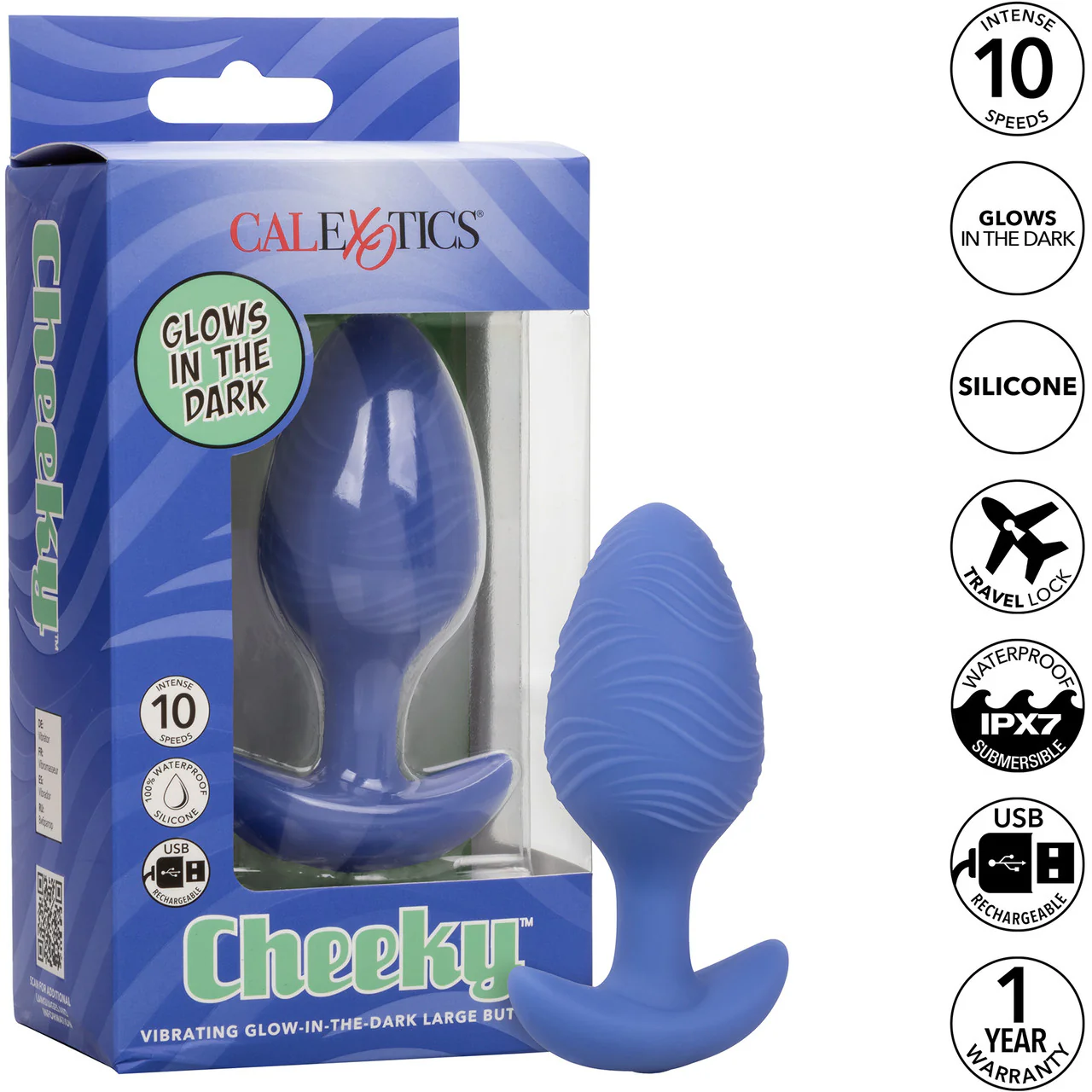 Cheeky Glow In The Dark Rechargeable Silicone Vibrating Large Butt Plug By CalExotics - Blue - Image 9