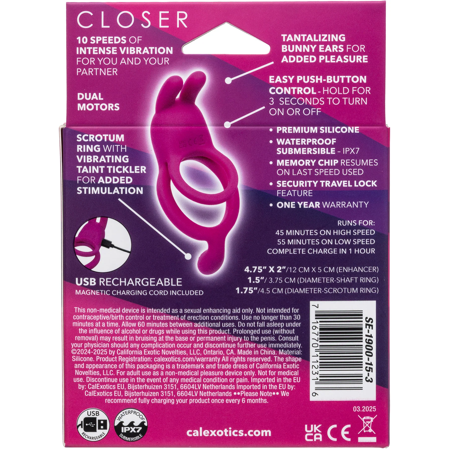 Closer™ Touch Intimate Rechargeable Vibrating Silicone Cock Ring With Ball Strap - Image 9
