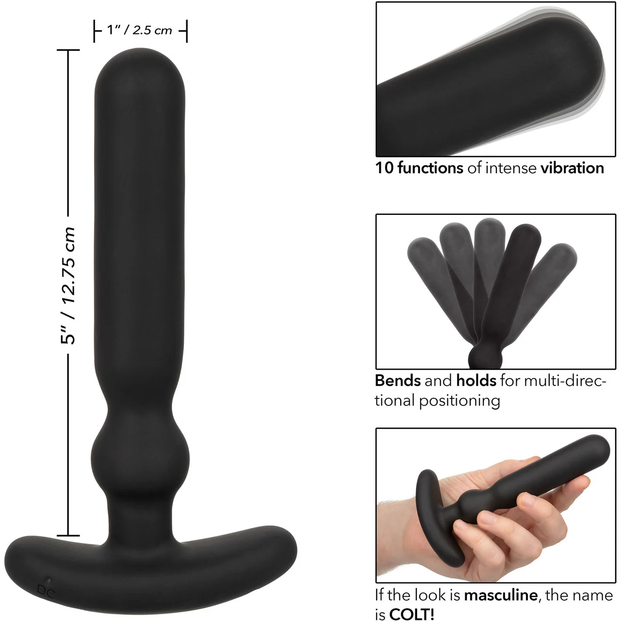 COLT Anal-T Rechargeable Waterproof Silicone Anal Vibrator - Large, Black - Image 7