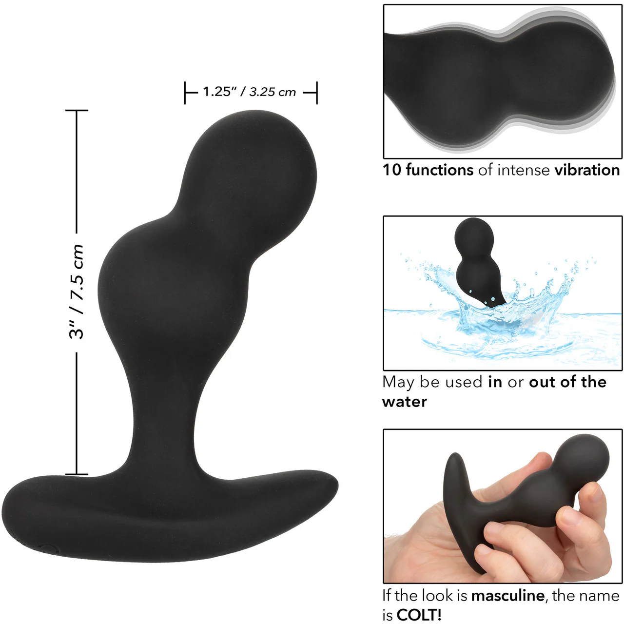 COLT Dual Power Probe Rechargeable Waterproof Silicone Anal Vibrator - Black - Image 7