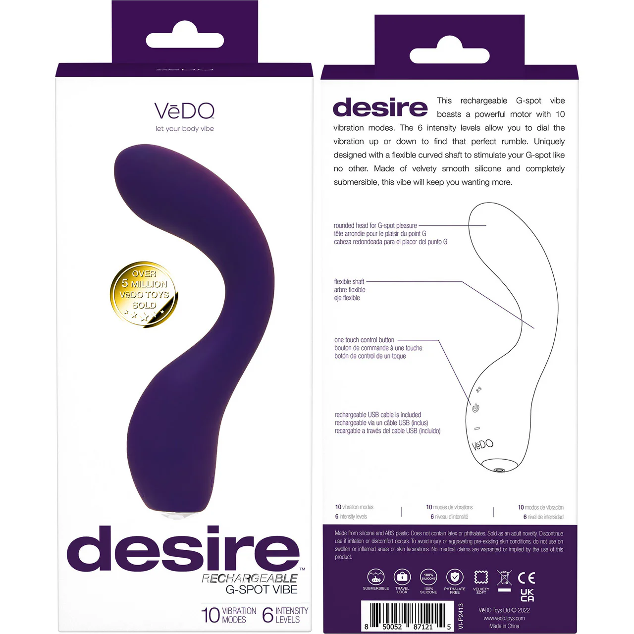 DESIRE Rechargeable Waterproof Silicone Flexible G-Spot Vibrator By VeDO - Purple - Image 4