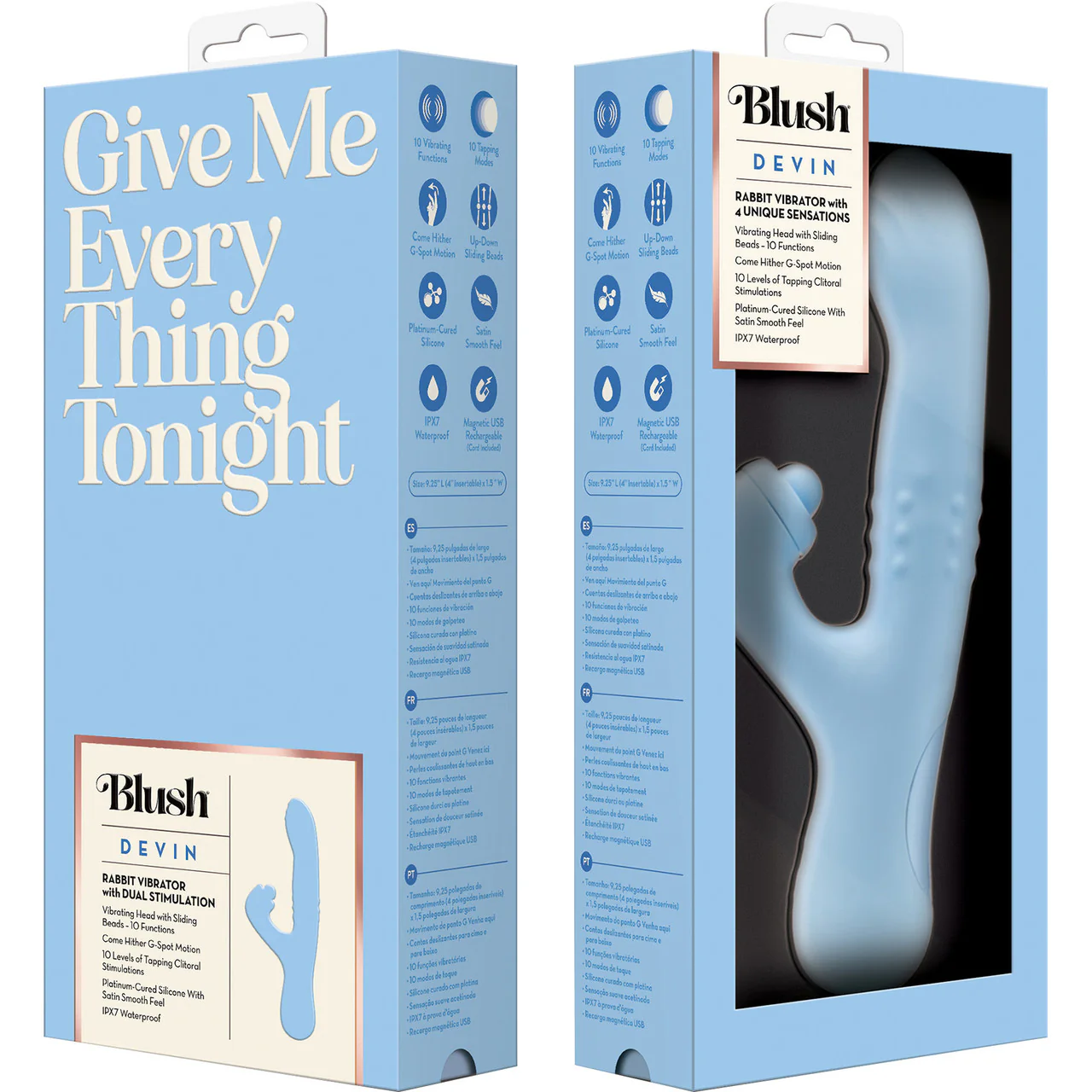 Devin Rechargeable Waterproof Silicone Tapping Rabbit Vibrator With Massaging Beads By Blush - Blue - Image 11
