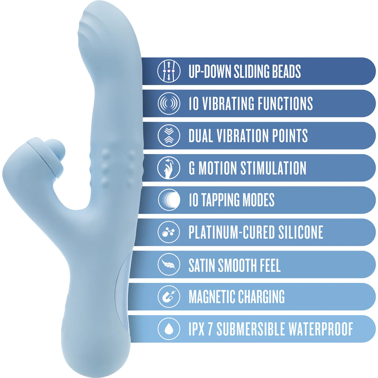 Devin Rechargeable Waterproof Silicone Tapping Rabbit Vibrator With Massaging Beads By Blush - Blue - Image 6