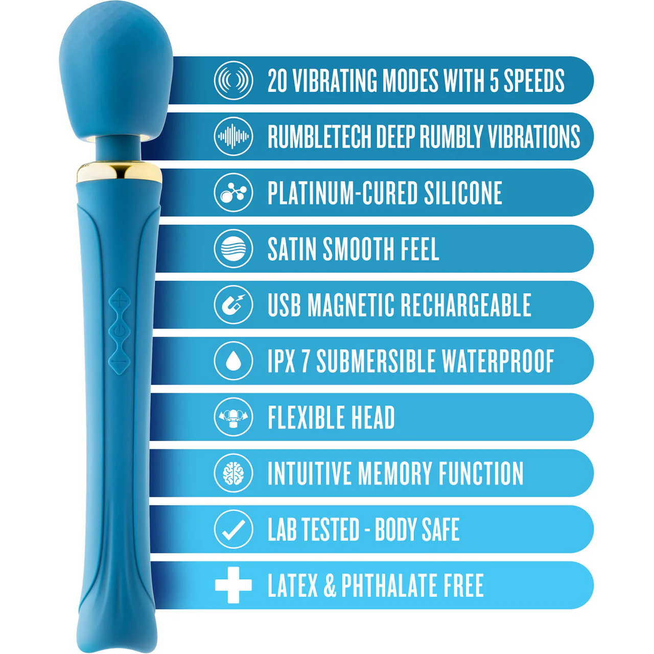 Dianna Rechargeable Waterproof Silicone Wand Style Vibrator By Blush - Teal - Image 6