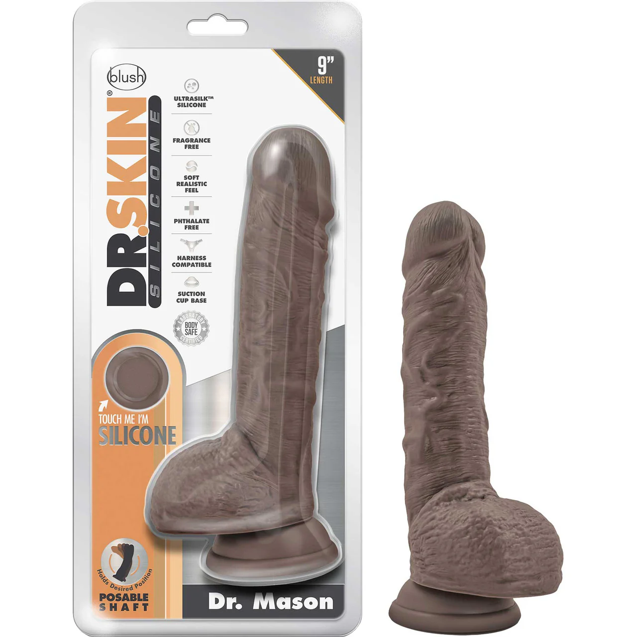 Dr. Skin Dr. Mason 8.75" Realistic Posable Silicone Suction Cup Dildo With Balls By Blush - Chocolate - Image 7
