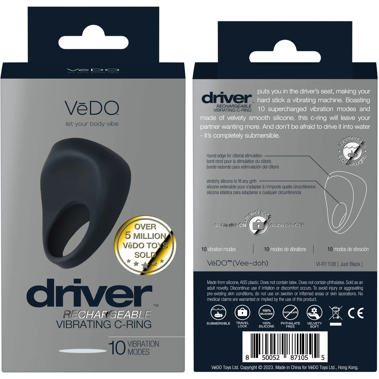 Driver Silicone Rechargeable Waterproof Vibrating Cock Ring By VeDO - Just Black - Image 4