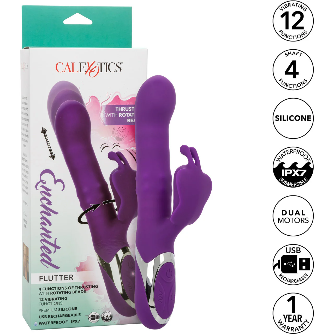 Enchanted Flutter Rechargeable Dual Stimulation Silicone Vibrator With Thrusting Tip & Rotating Beads By CalExotics - Image 9
