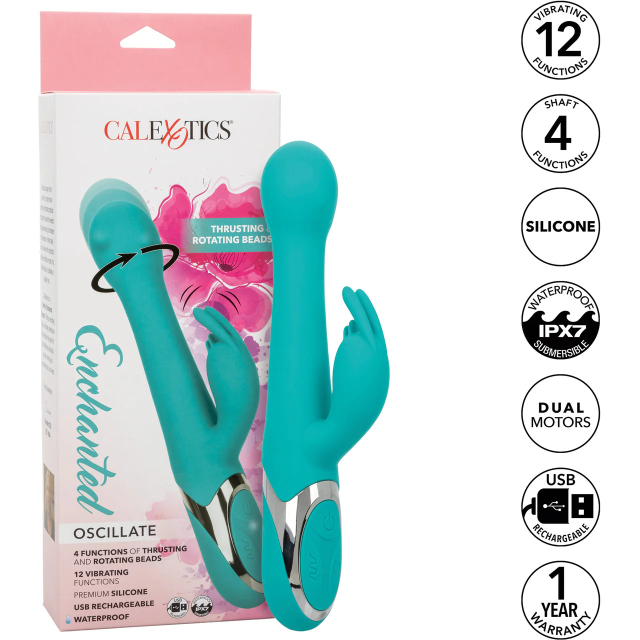 Enchanted Oscillate Rechargeable Silicone Dual Stimulation Vibrator With Thrusting, Rotating Beaded Head By CalExotics - Image 9