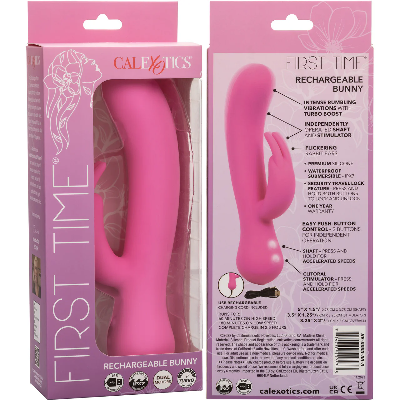 First Time® Rechargeable Bunny Waterproof Silicone Dual Stimulation Vibrator By CalExotics - Pink - Image 10