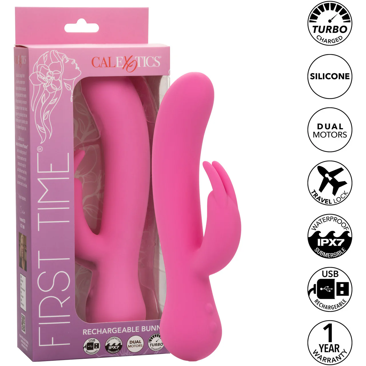 First Time® Rechargeable Bunny Waterproof Silicone Dual Stimulation Vibrator By CalExotics - Pink - Image 9