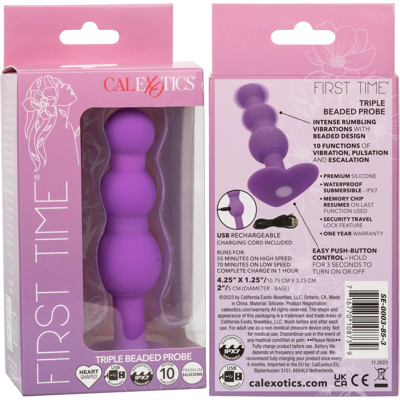 First Time® Triple Beaded Probe Rechargeable Silicone Vibrating Butt Plug By CalExotics - Purple - Image 10