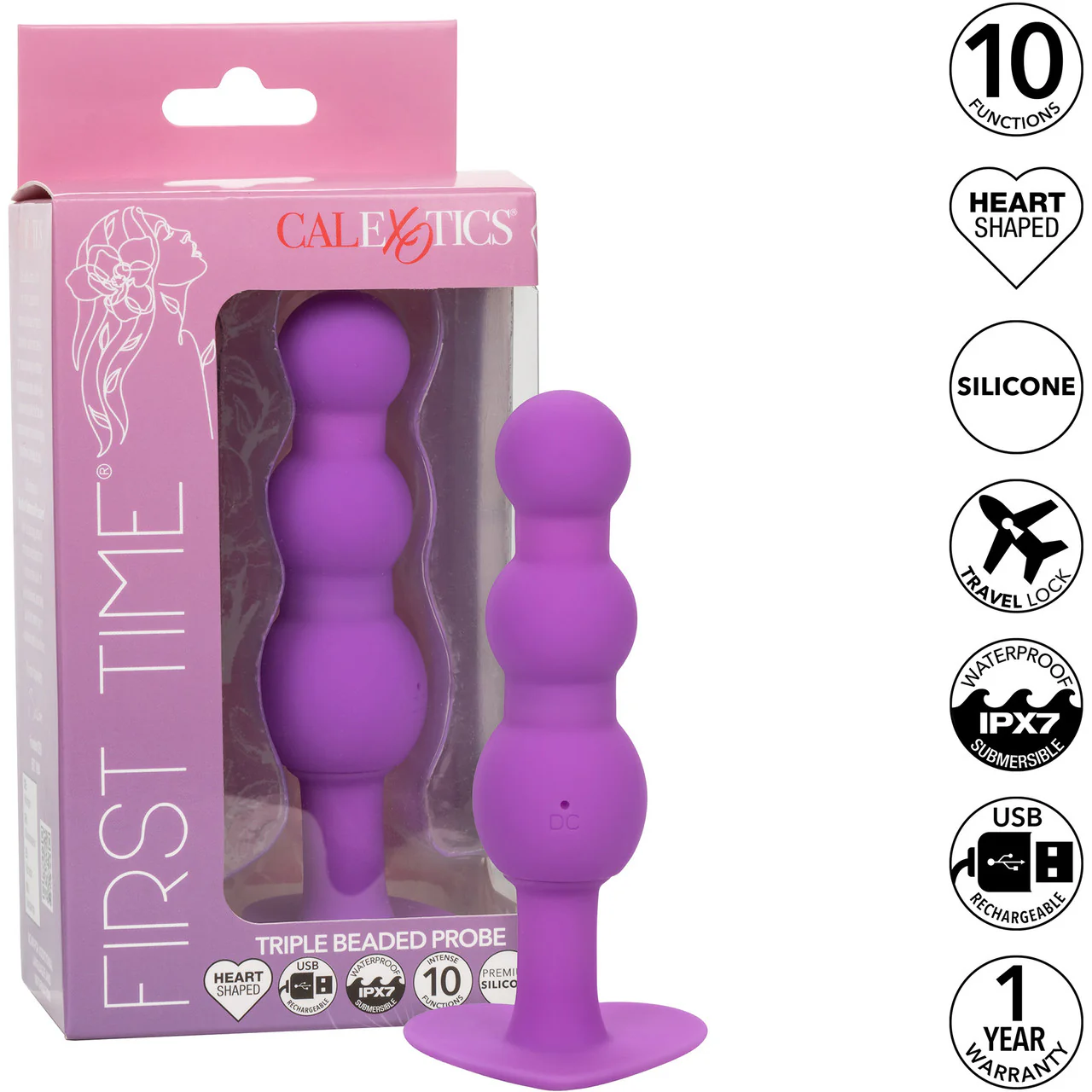 First Time® Triple Beaded Probe Rechargeable Silicone Vibrating Butt Plug By CalExotics - Purple - Image 9