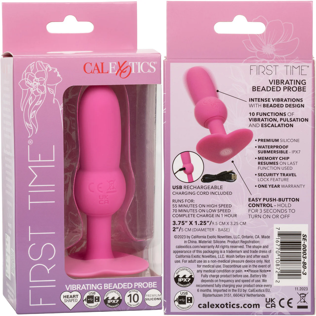 First Time® Vibrating Beaded Probe Rechargeable Waterproof Silicone Butt Plug By CalExotics - Pink - Image 10