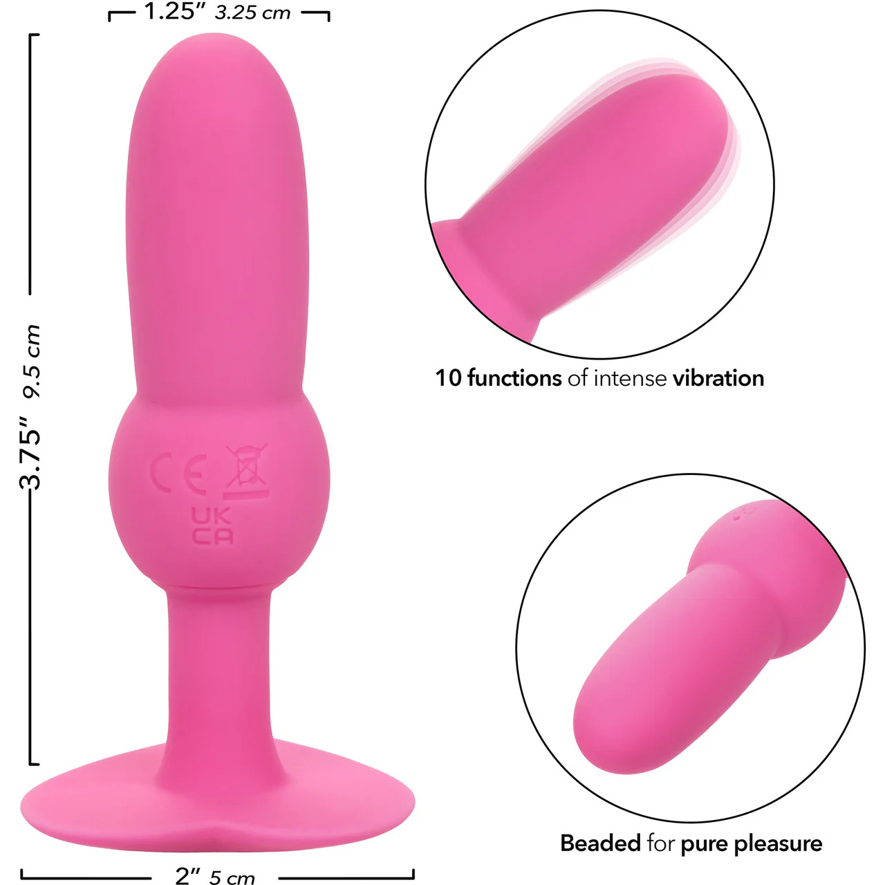 First Time® Vibrating Beaded Probe Rechargeable Waterproof Silicone Butt Plug By CalExotics - Pink - Image 8
