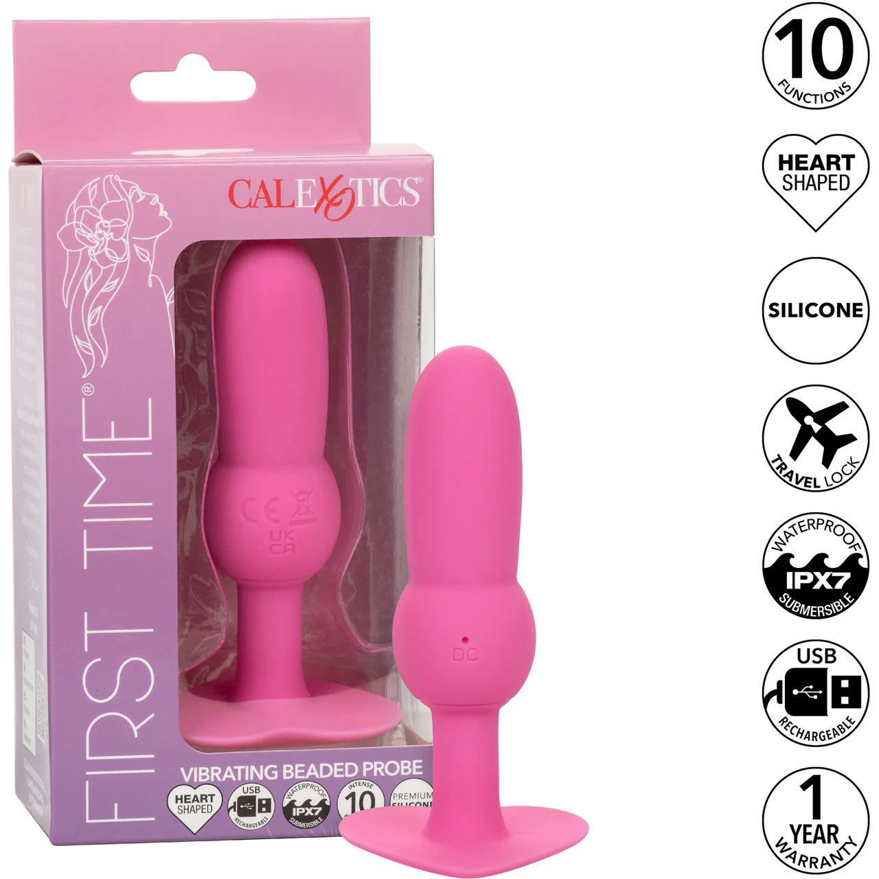 First Time® Vibrating Beaded Probe Rechargeable Waterproof Silicone Butt Plug By CalExotics - Pink - Image 9